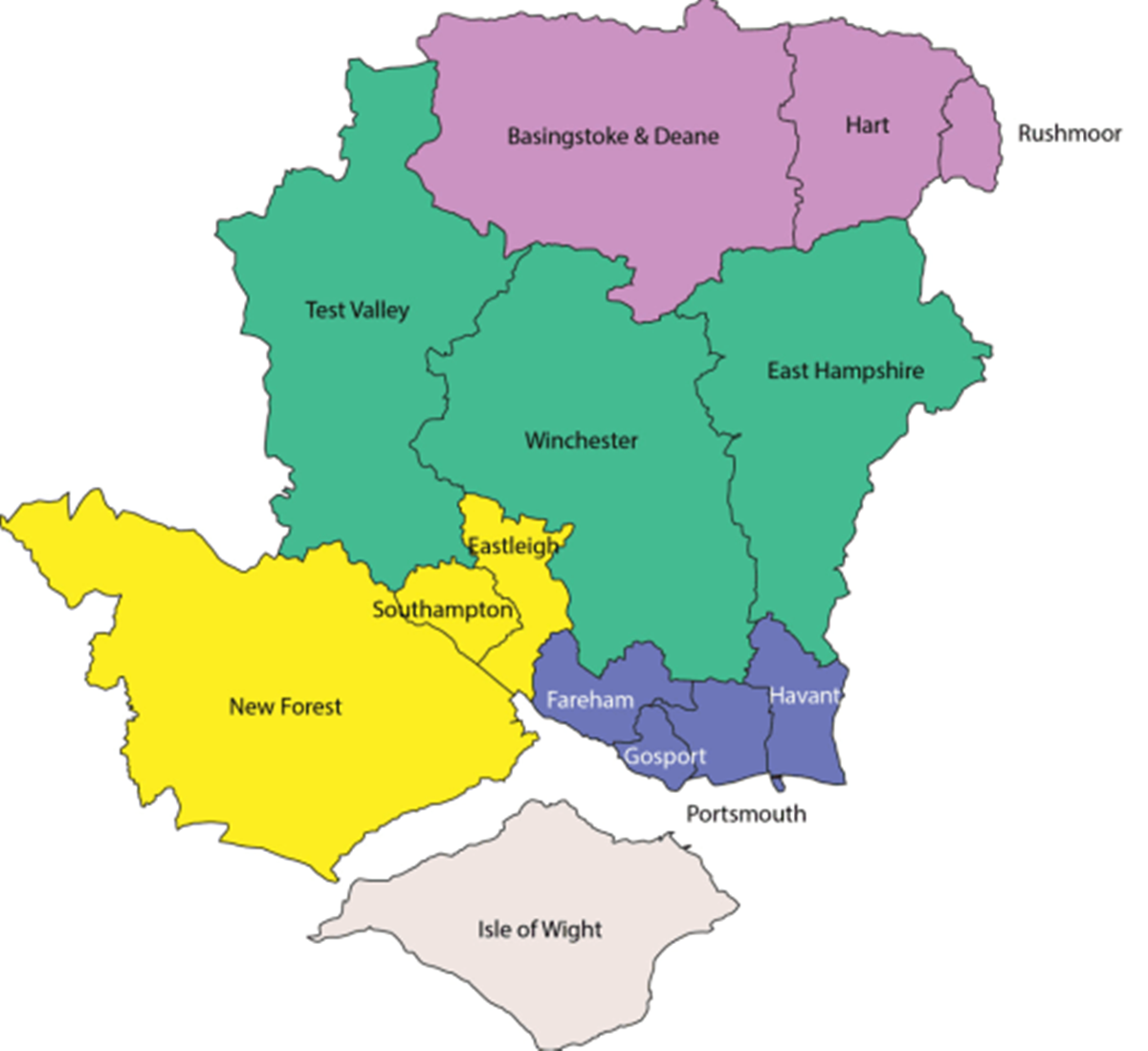 Map showing proposed council areas under Option Two. Council 1: Basingstoke, Hart, Rushmoor. Council 2: Test Valley, Winchester, East Hampshire. Council 3: New Forest, Eastleigh, Southampton. Council 4: Portsmouth, Havant, Gosport, Fareham. Council 5: Isle of Wight.