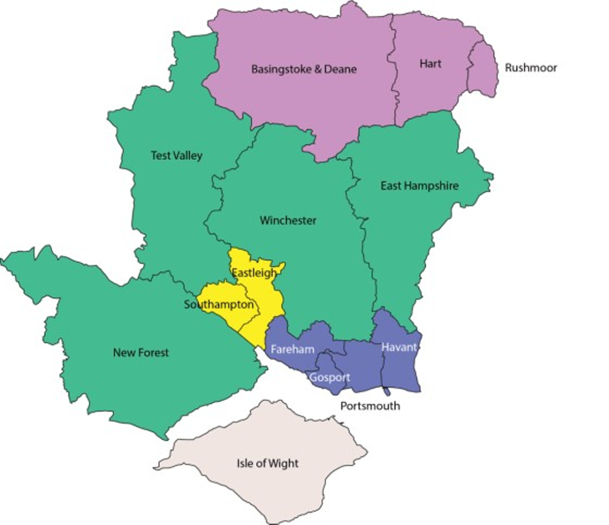 Map showing proposed council areas under Option One. Council 1 includes Basingstoke, Hart, and Rushmoor. Council 2 covers New Forest, Test Valley, Winchester, and East Hampshire. Council 3 includes Eastleigh and Southampton. Council 4 comprises Portsmouth, Havant, Gosport, and Fareham. Council 5 is the Isle of Wight.