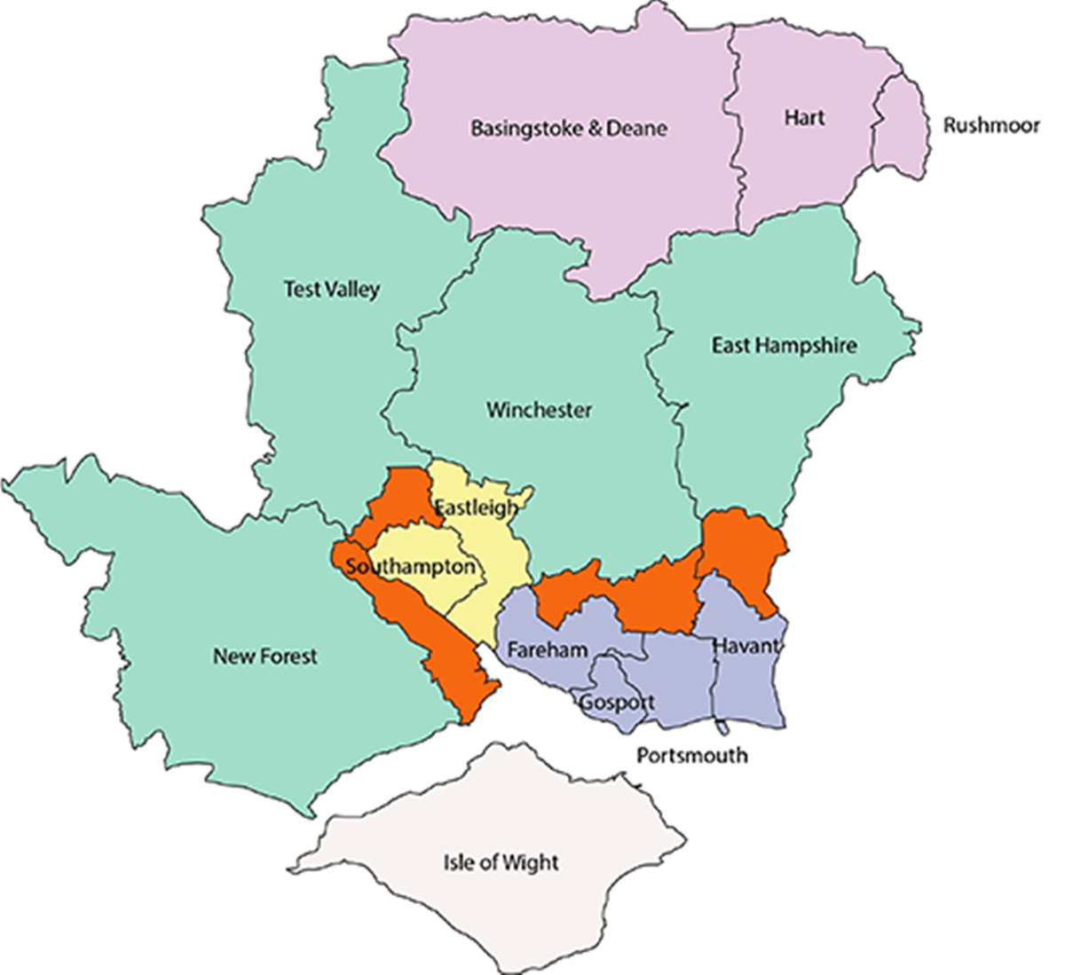 Map showing proposed council areas under Option Three. Based on option one, this option also outlines a possibility of the southern parishes of Denmead, Newlands, Boarhunt, Southwick & Widley, Wickham & Knowle and Whiteley in the district, joining a new council to the South East (based around Portsmouth) rather than a new council in Mid Hampshire (based around Winchester.)