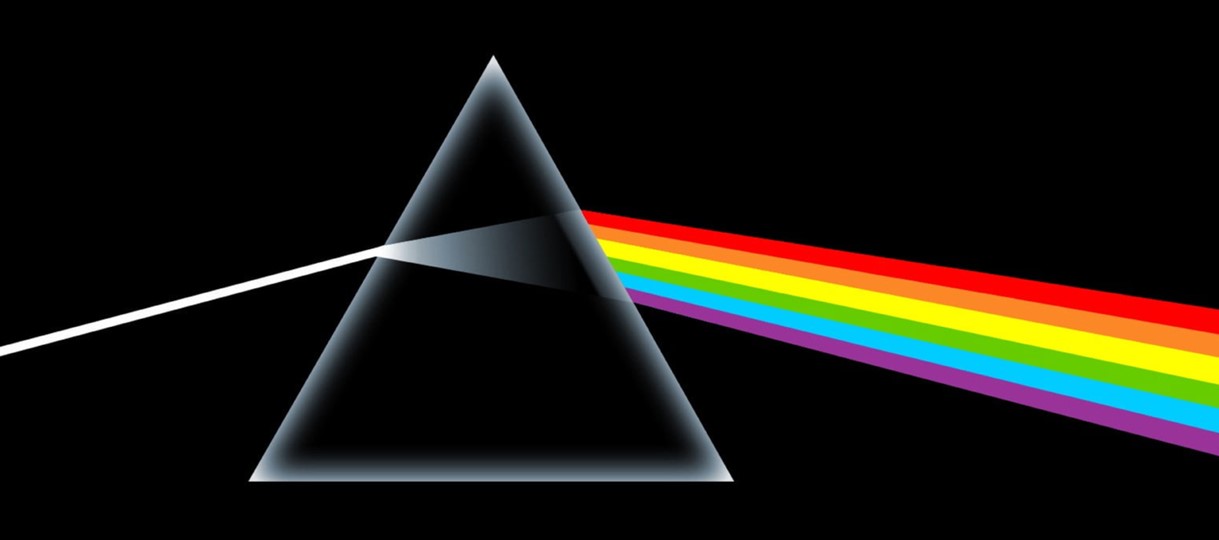 article thumb - Pink Floyd album cover. Black background with a white triangle and a rainbow refracting out of the triangle.