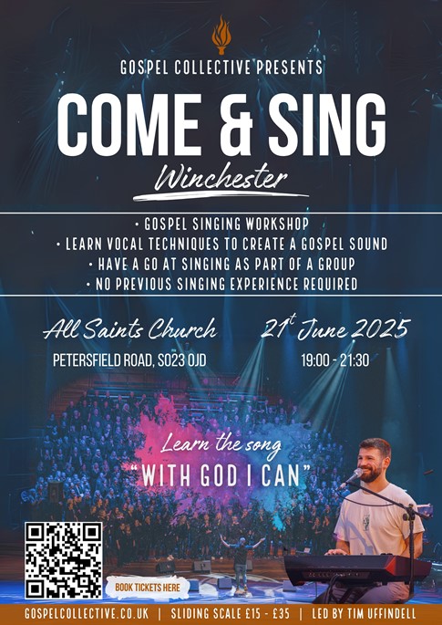 article thumb - Come & Sing Winchester poster - blue background with white text
