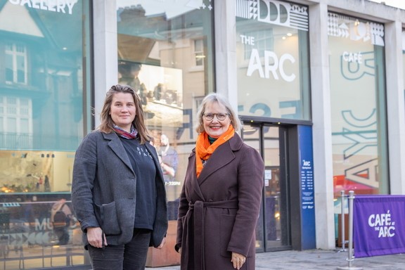 Kate Hadley, Creative Director of BearFace Theatre Company, outside The Arc in Winchester with Cllr Lucille Thompson
